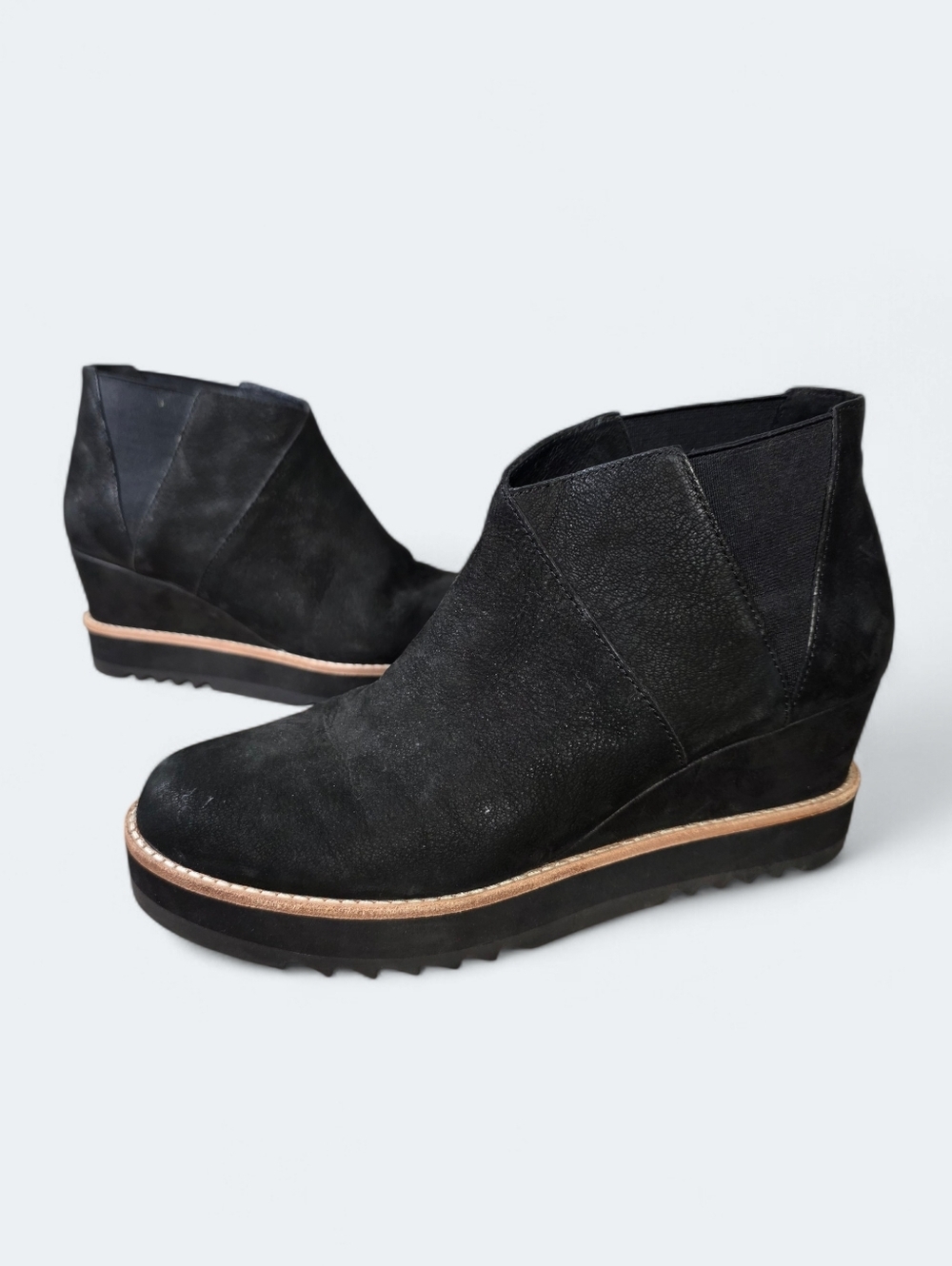 Eileen Fisher Caddy Black Leather Platform Wedge Chelsea Ankle Booties Size 9.5